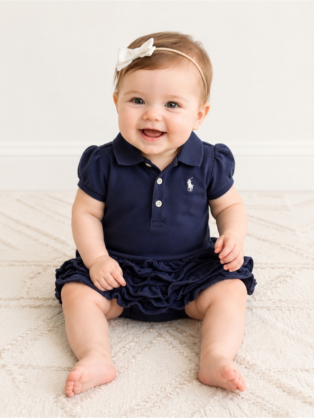 Ralph Lauren Baby Girls 9M Navy Polo Dress Ruffle Romper Preppy